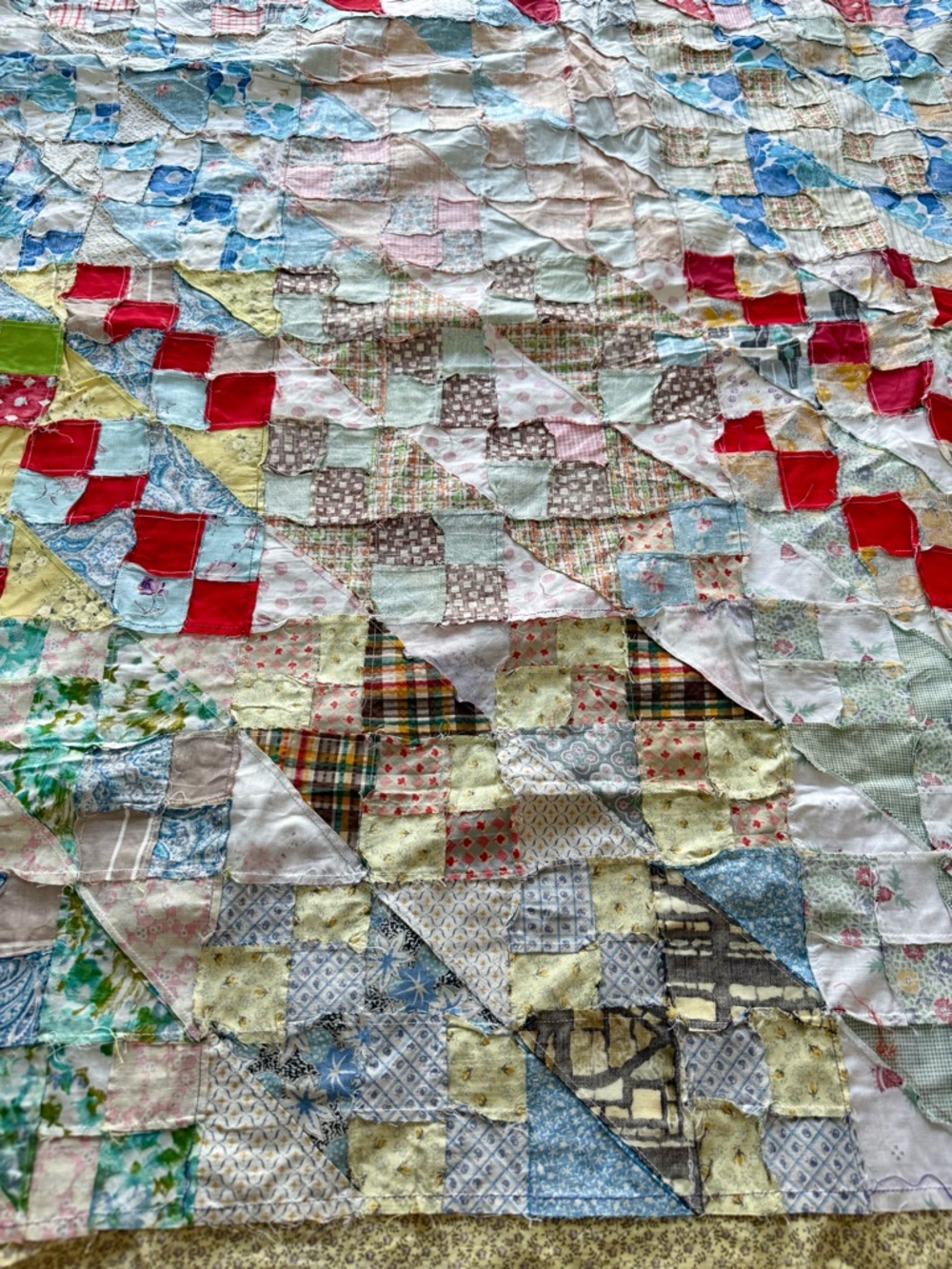 Very Large Colorful Vintage Homemade Hand Stitched Patchwork Quilt Top 106x93 - Picture 4 of 12